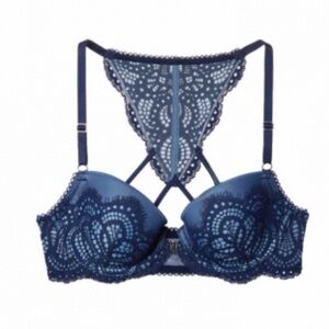 Victoria’s Secret Dream Angels Blue Lace Racerback Front Closure Push-up Bra 38C